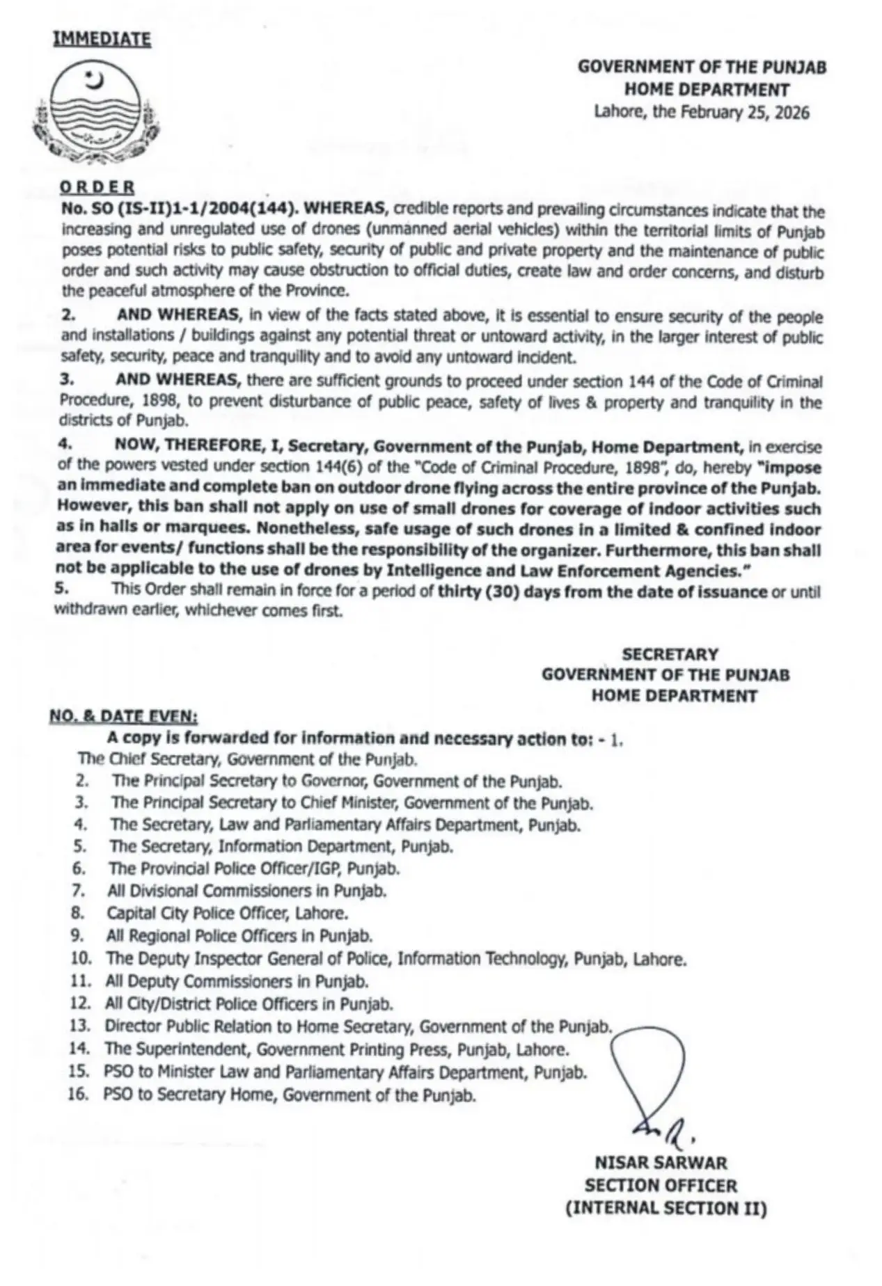 Drone flying ban under Section 144 6 of the Code of Criminal Procedure 1898