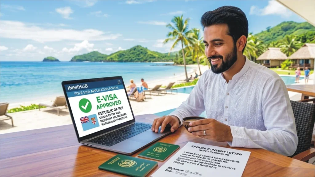 An approved Fiji e-visa on a digital screen with a tropical island background.