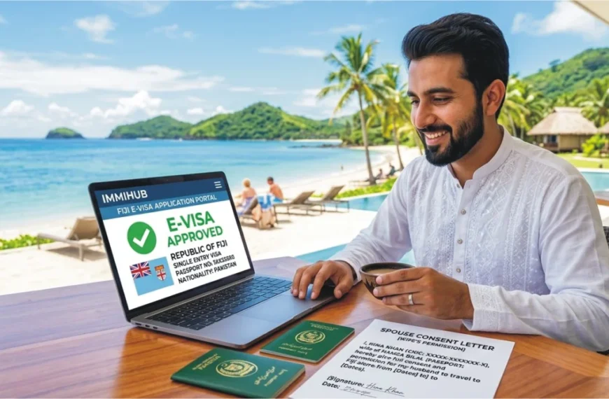 An approved Fiji e-visa on a digital screen with a tropical island background.