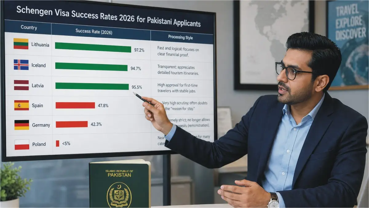 A chart showing schengen visa success rate for pakistani nationals for different schengen countries