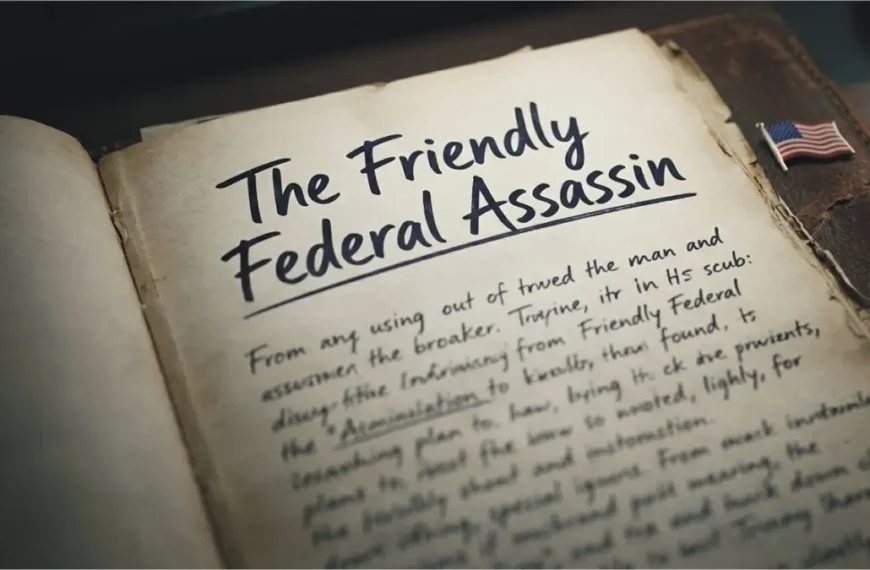 An open notebook detailing the written plans of the shooter, titled The Friendly Federal Assassin