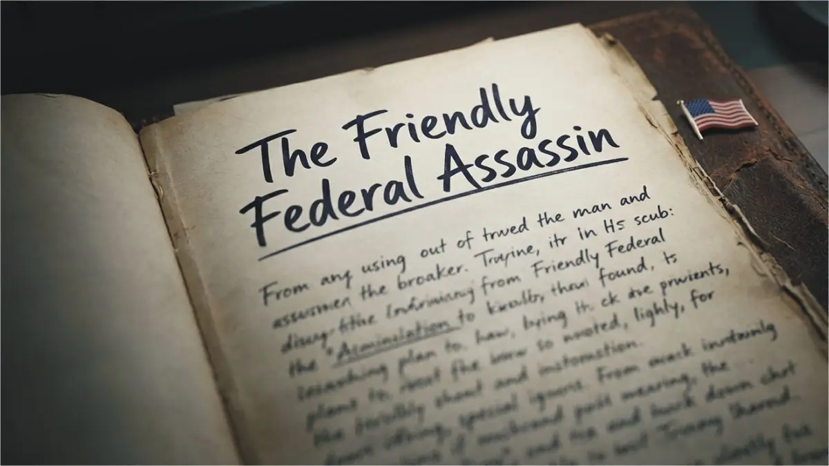 An open notebook detailing the written plans of the shooter, titled The Friendly Federal Assassin