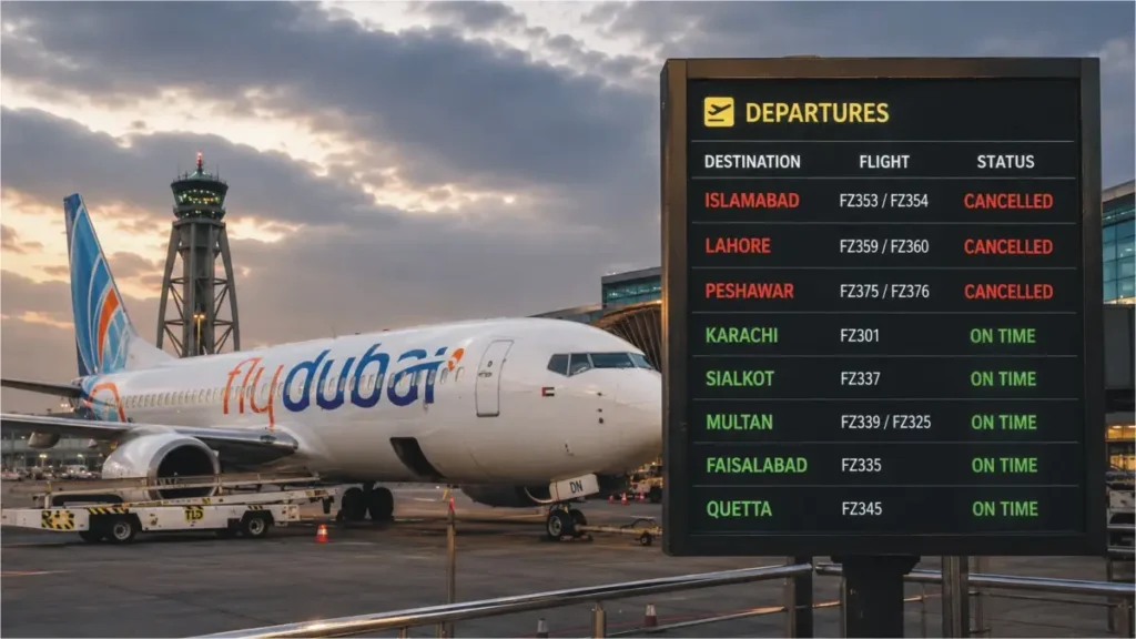 flydubai plane parked at airport and a flight status board showing 3 canceled flights to pakistan and 5 in-time flight status