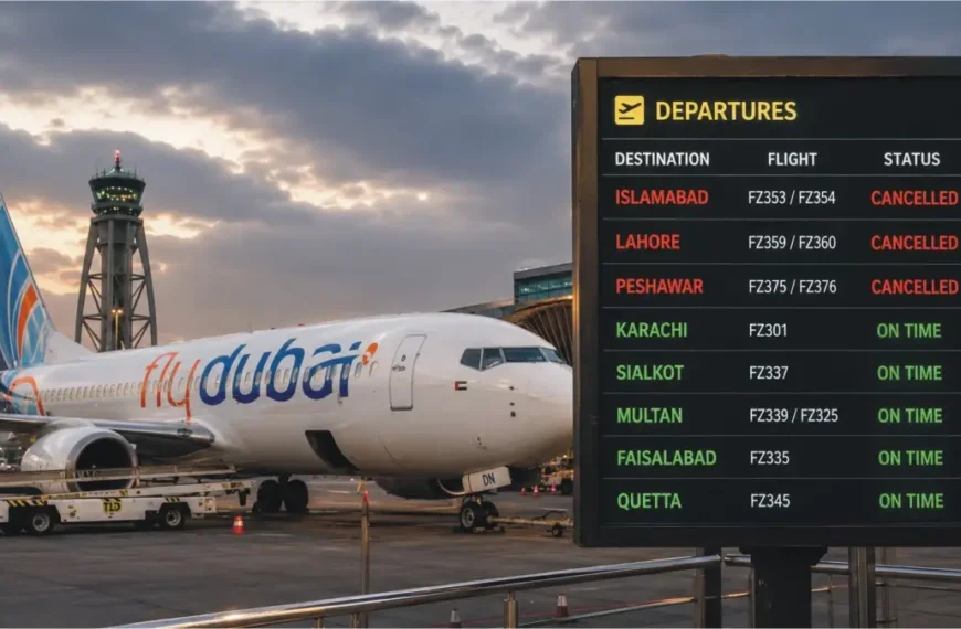 flydubai plane parked at airport and a flight status board showing 3 canceled flights to pakistan and 5 in-time flight status