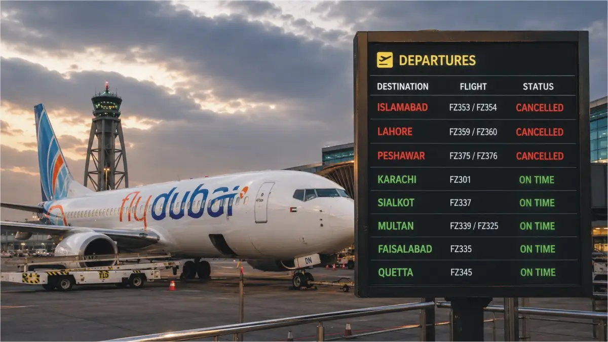 flydubai plane parked at airport and a flight status board showing 3 canceled flights to pakistan and 5 in-time flight status