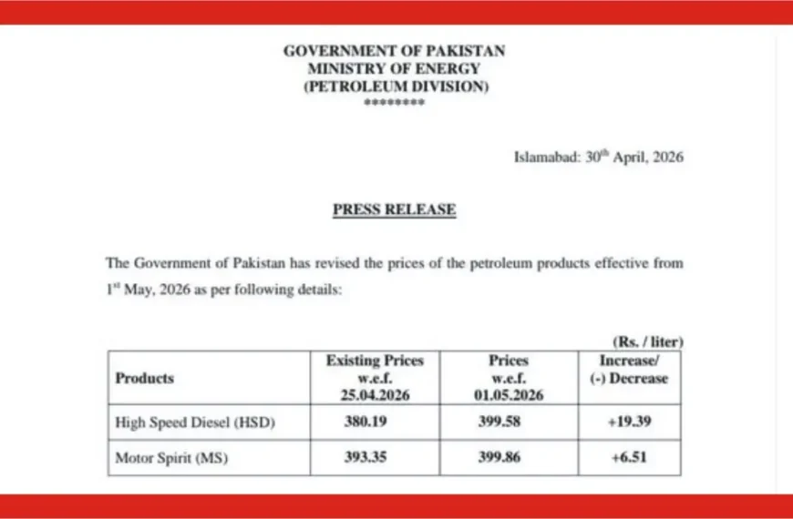 Official press release of governmetn of pakistan, showing new increased prices of petrol
