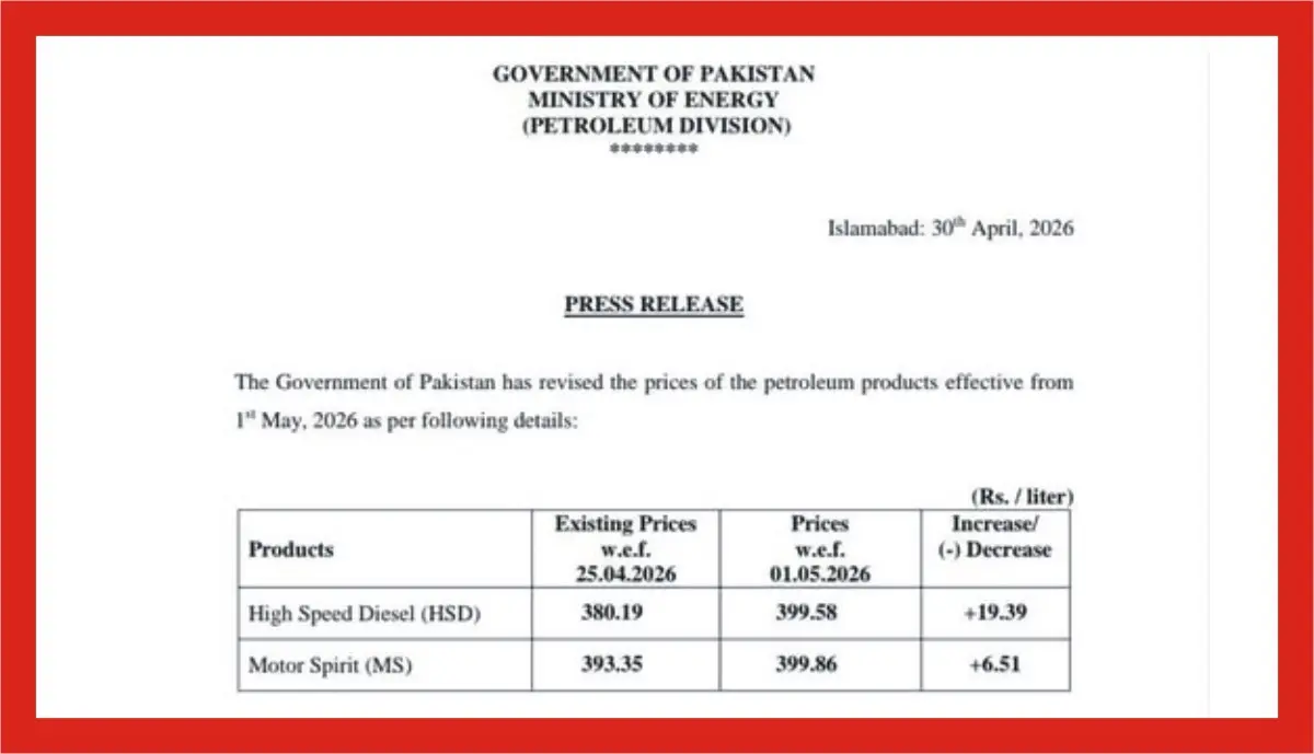 Official press release of governmetn of pakistan, showing new increased prices of petrol