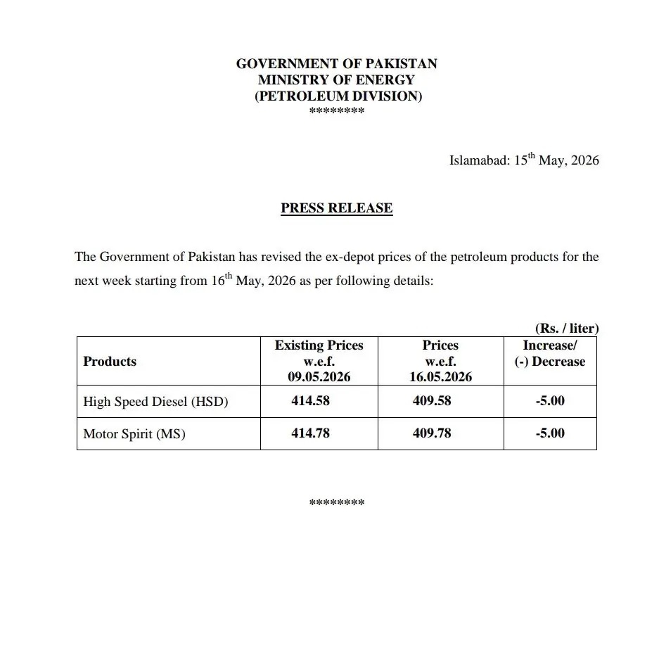 official notification of latest reduced petrol and diesel prices issued by government of pakistan ministry of energy petroleum division dated 15 may 2026