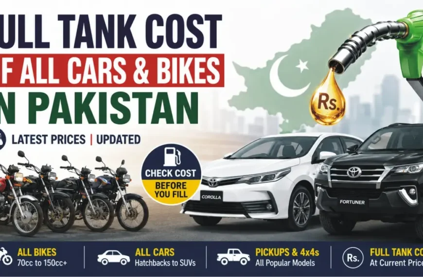showing fuel pump nozzle, motorcycles, sedan cars, and SUVs with the headline about full tank fuel costs in Pakistan. The graphic highlights updated petrol filling costs for bikes, cars, pickup trucks, and 4x4 vehicles across Pakistan.
